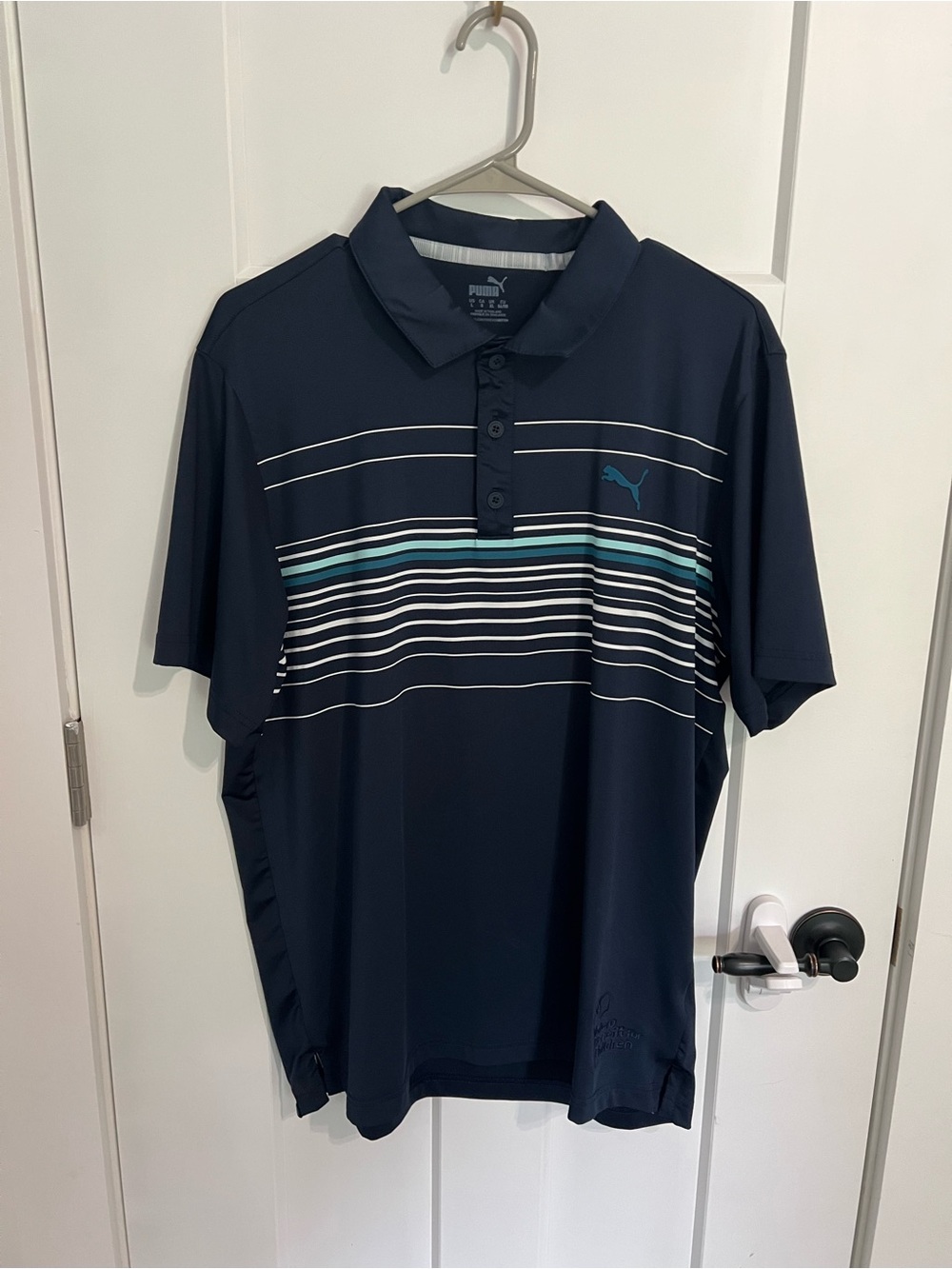 Puma Men’s Navy Polo with White and Teal Stripes